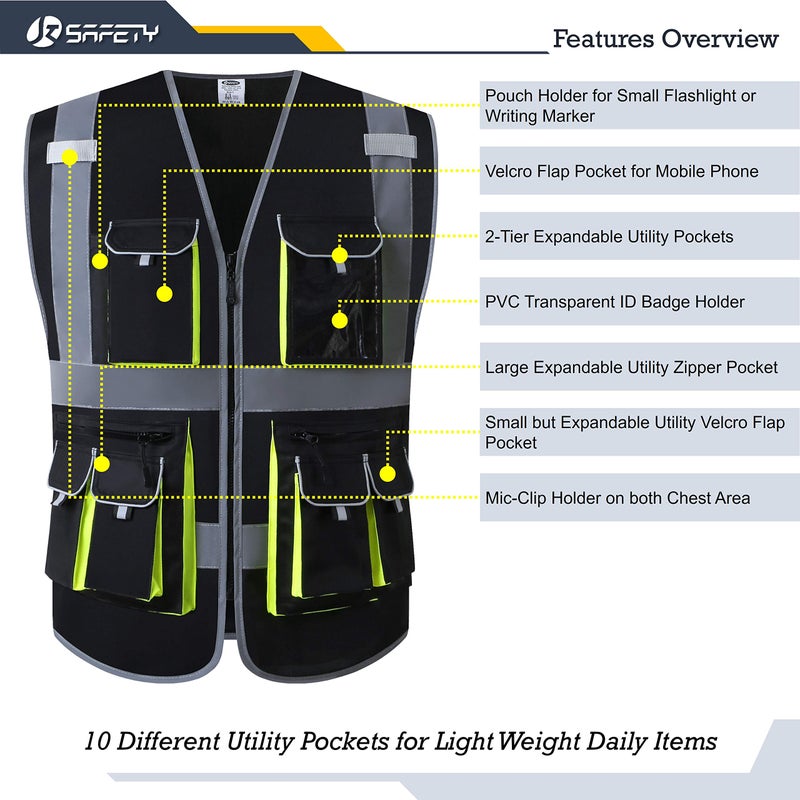 JKSafety 10 Pockets High Visibility Zipper Front Black Safety Vest with High Reflective Strips Meets ANSI/ISEA Standards (Medium, 88-Black) - Image 4